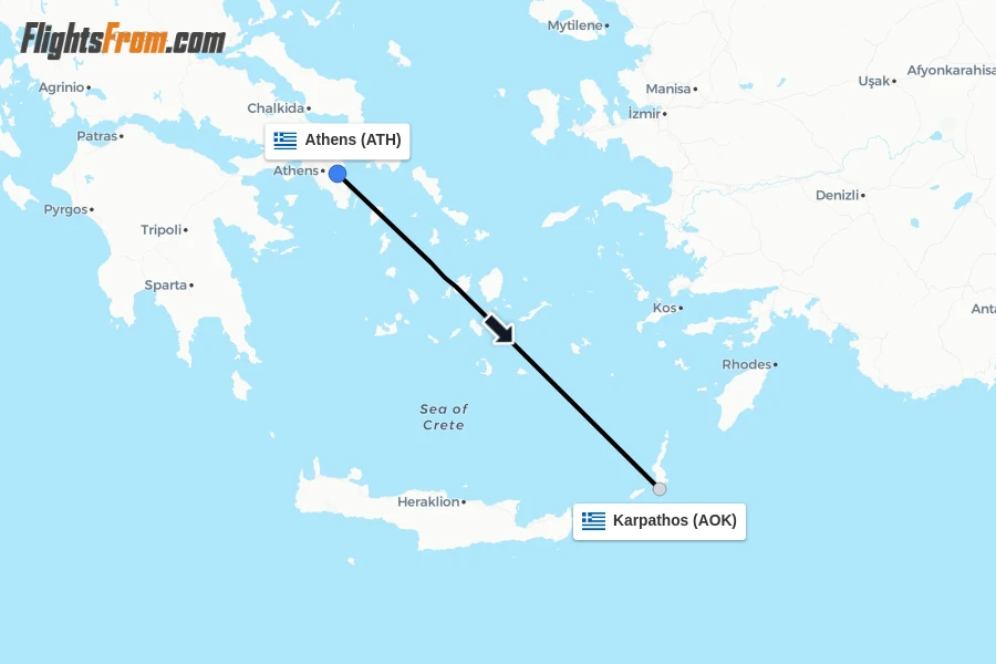 Flights from Athens to Karpathos route map