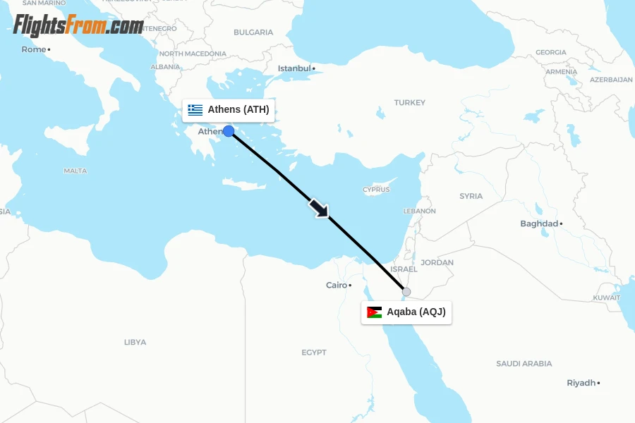Flights from Athens to Aqaba route map