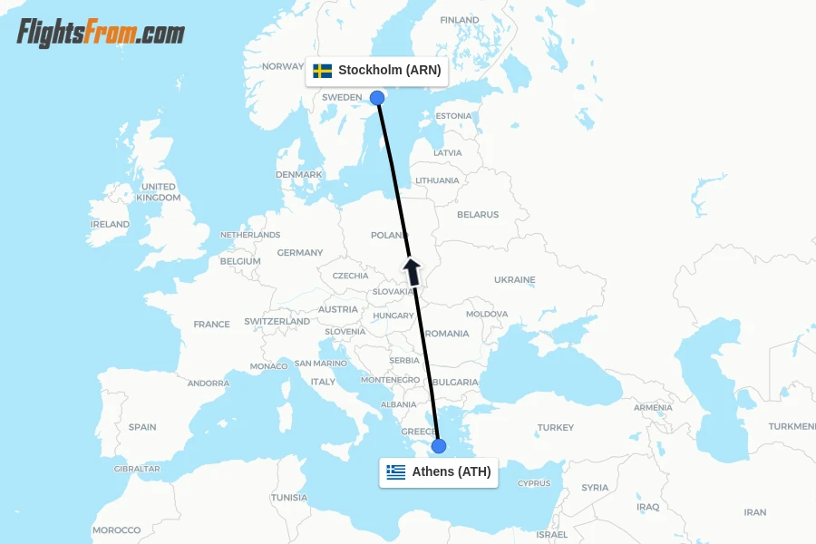 Flights from Athens to Stockholm route map