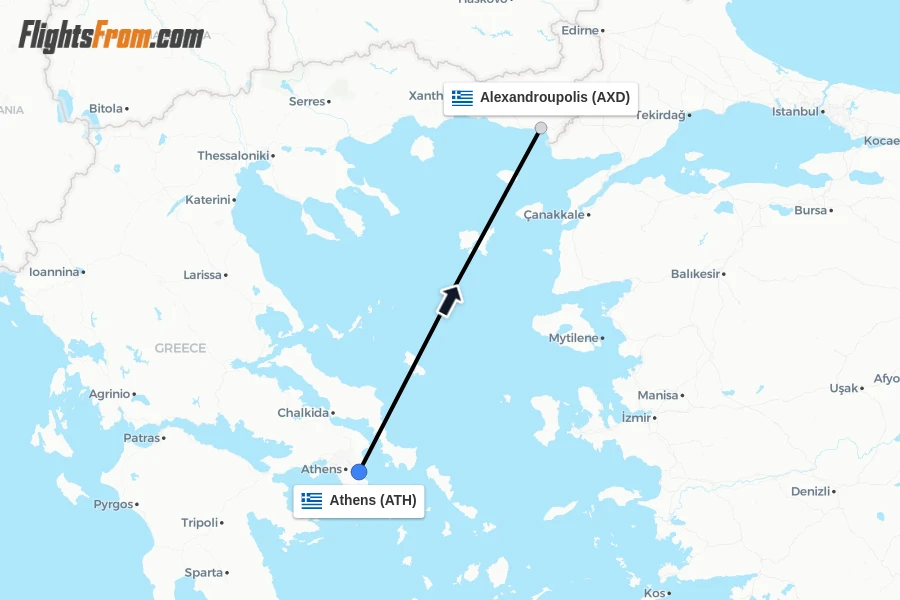 Flights from Athens to Alexandroupolis route map
