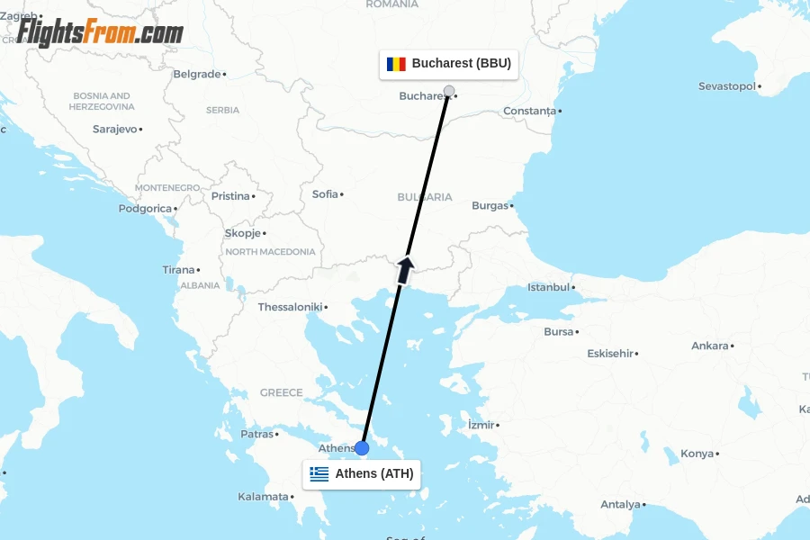 Flights from Athens to Bucharest route map