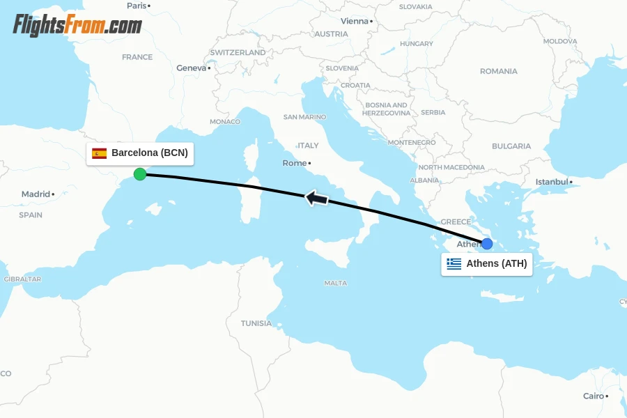 Flights from Athens to Barcelona route map