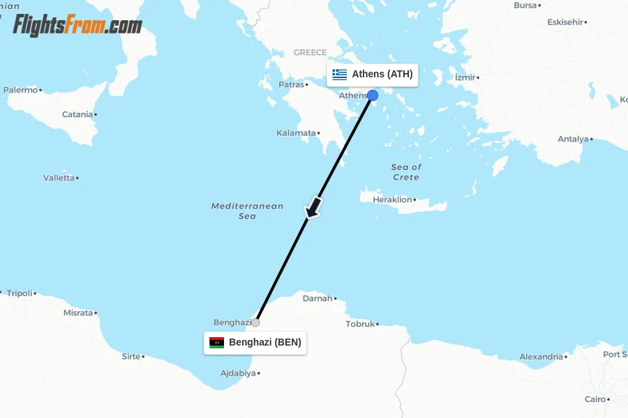 Flights from Athens to Benghazi route map