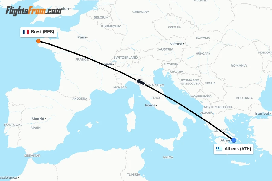 Flights from Athens to Brest route map
