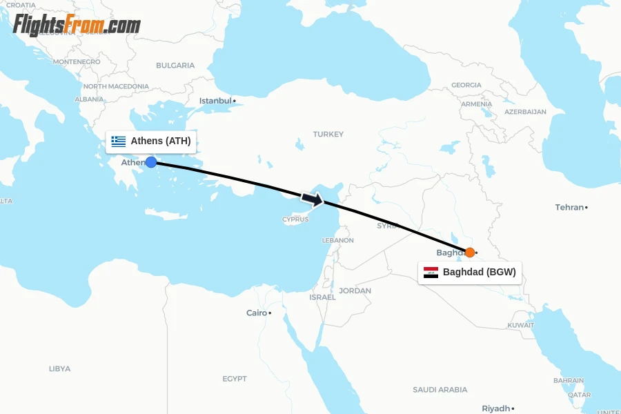 Flights from Athens to Baghdad route map