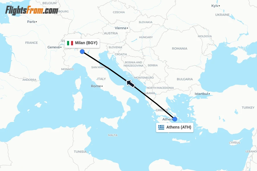 Flights from Athens to Milan route map