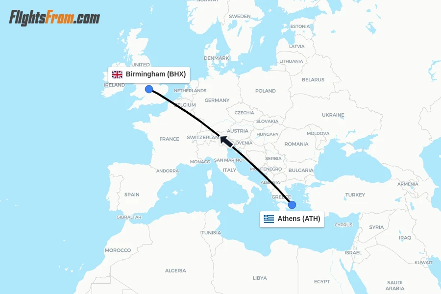 Flights from Athens to Birmingham route map