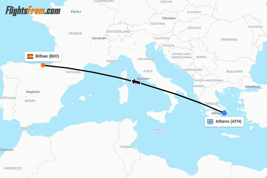 Flights from Athens to Bilbao route map