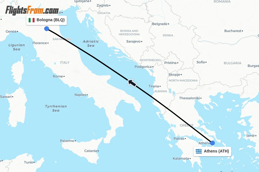 Flights from Athens to Bologna route map