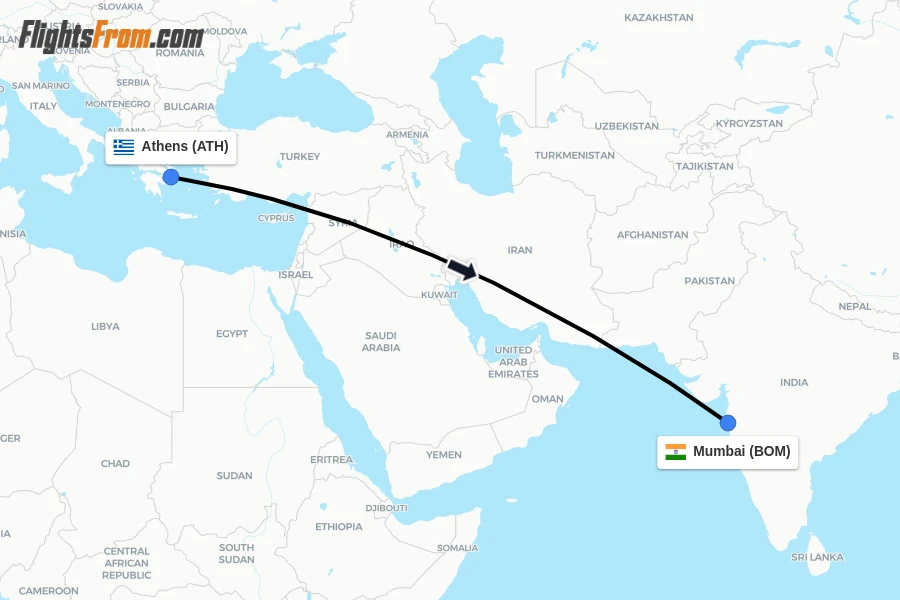 Flights from Athens to Mumbai route map