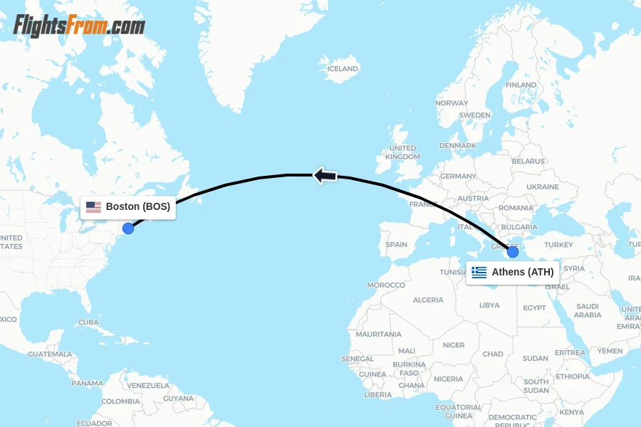 Flights from Athens to Boston route map