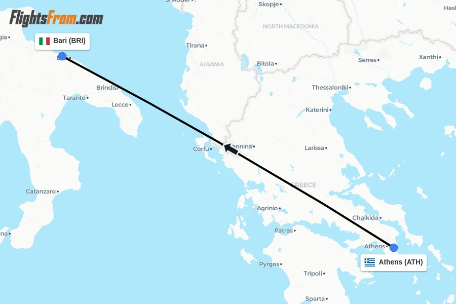 Flights from Athens to Bari route map