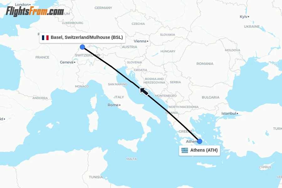 Flights from Athens to Basel, Switzerland/Mulhouse route map