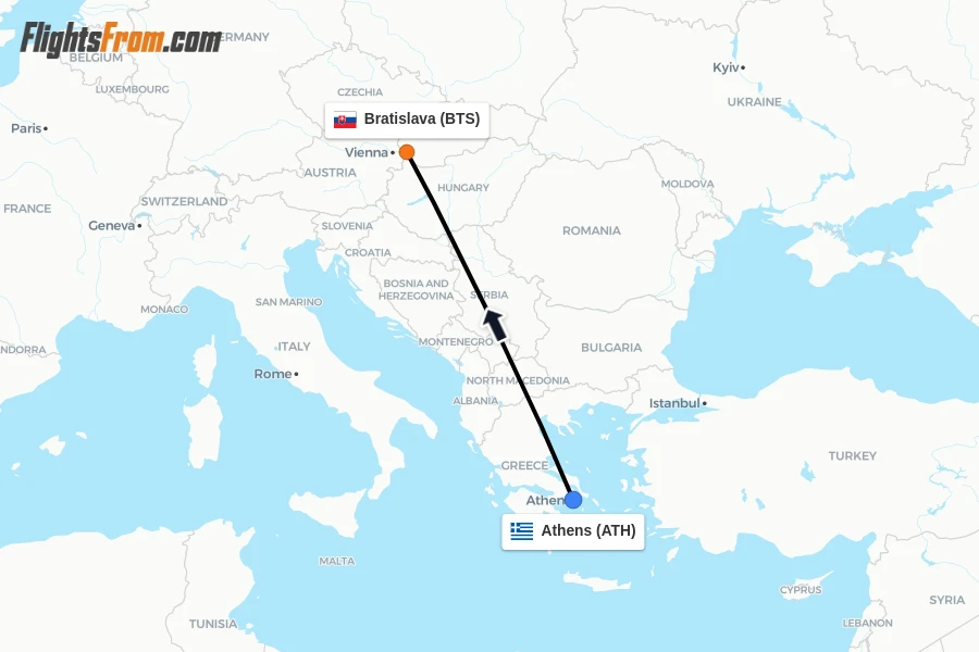 Flights from Athens to Bratislava route map