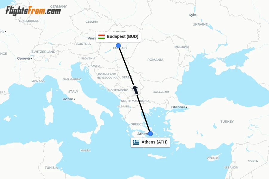 Flights from Athens to Budapest route map