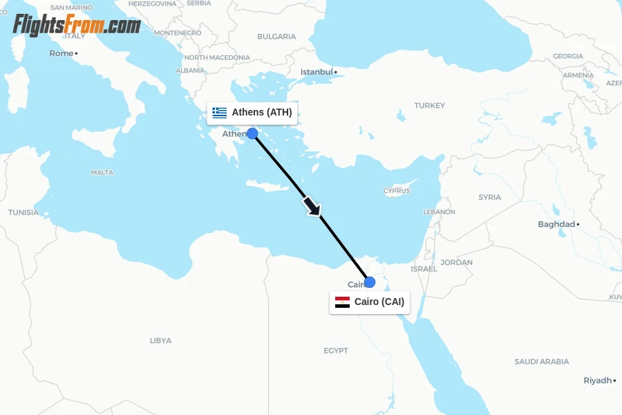 Flights from Athens to Cairo route map