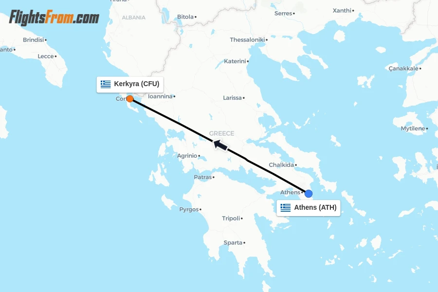 Flights from Athens to Kerkyra route map