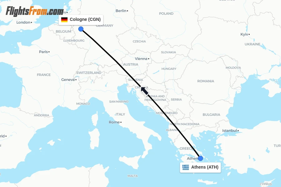 Flights from Athens to Cologne route map