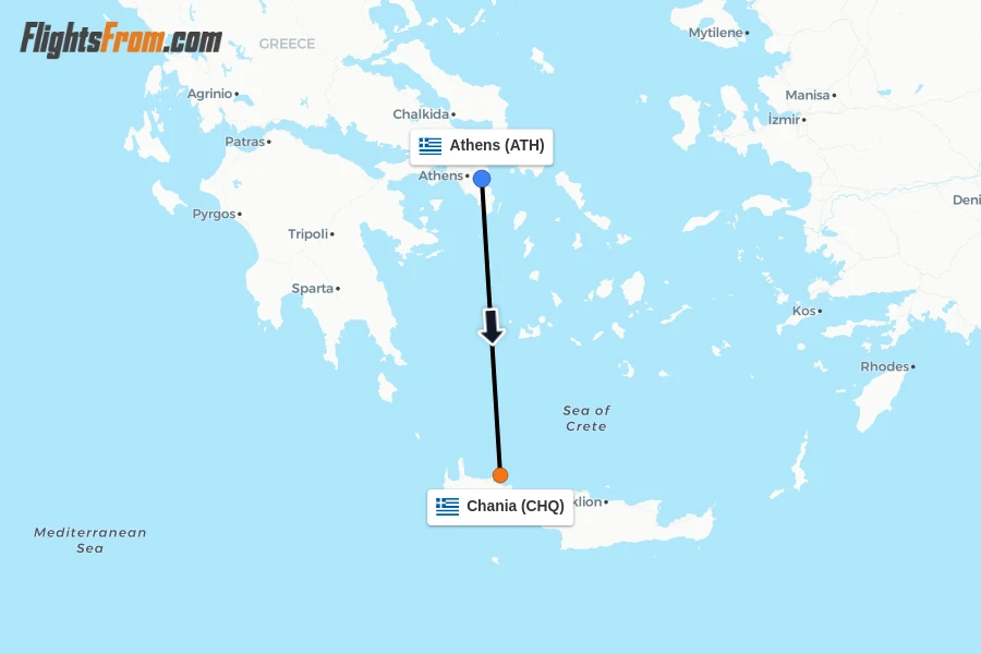 Flights from Athens to Chania route map
