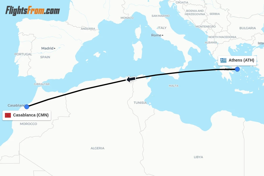 Flights from Athens to Casablanca route map