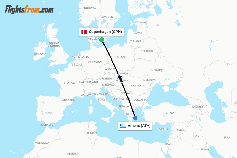 Flights from Athens to Copenhagen route map