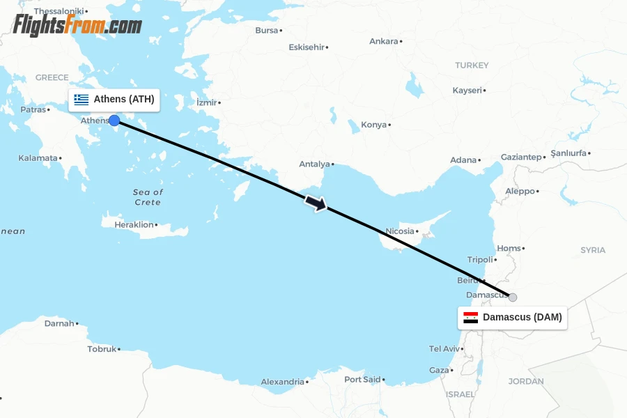 Flights from Athens to Damascus route map