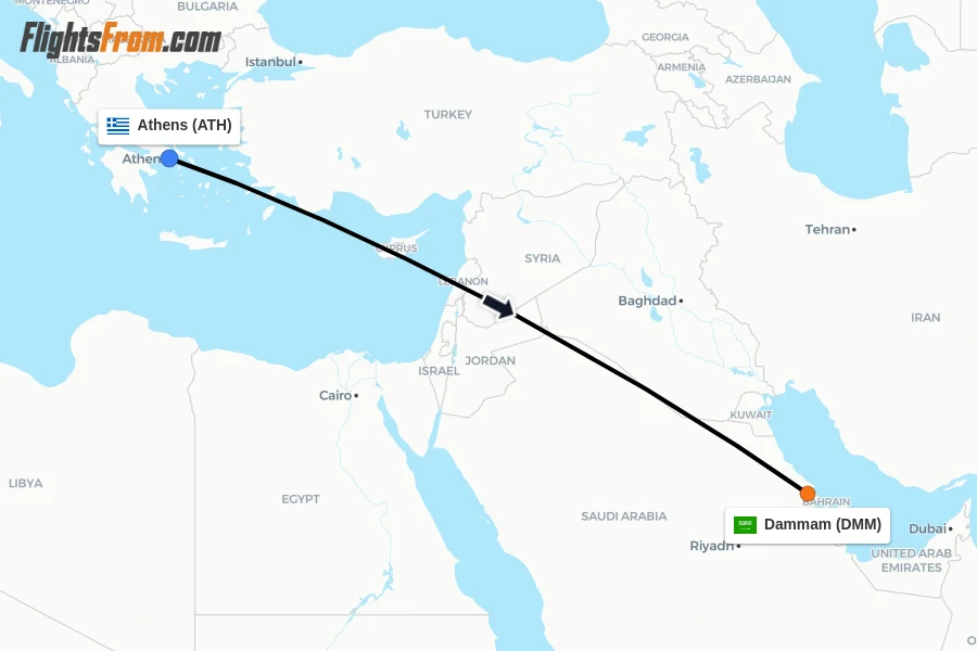 Flights from Athens to Dammam route map