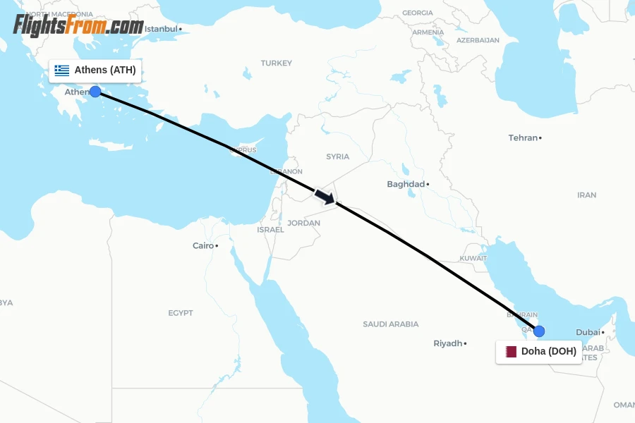 Flights from Athens to Doha route map
