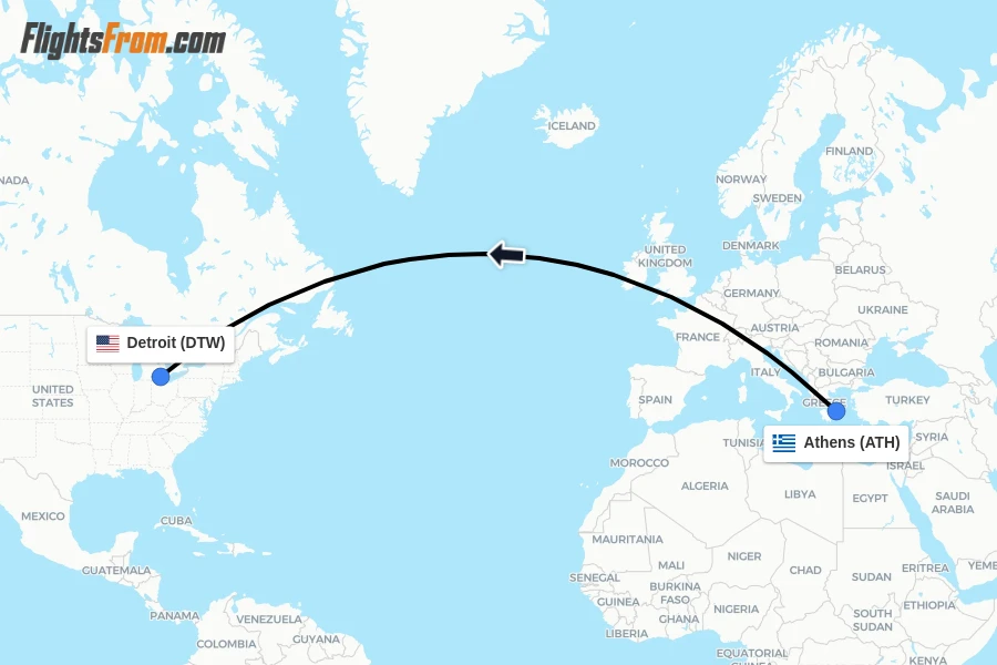 Flights from Athens to Detroit route map