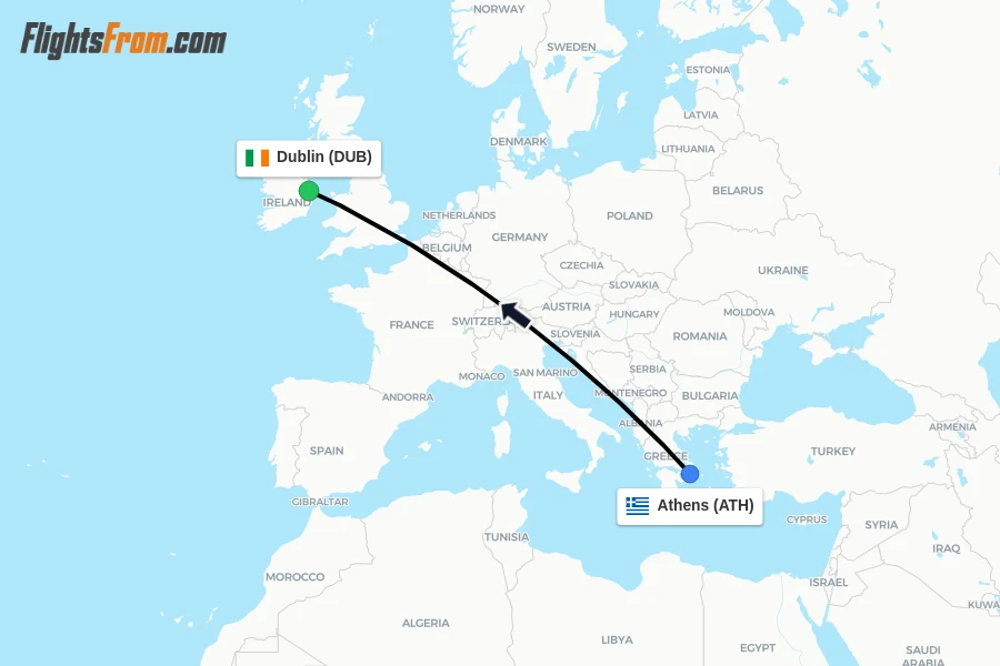 Flights from Athens to Dublin route map