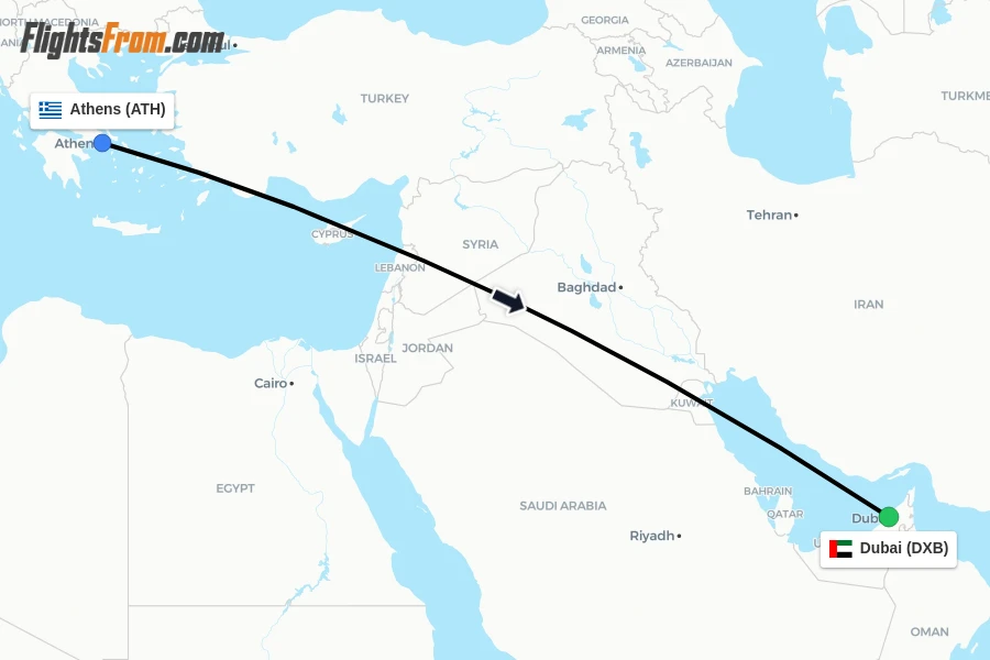 Flights from Athens to Dubai route map