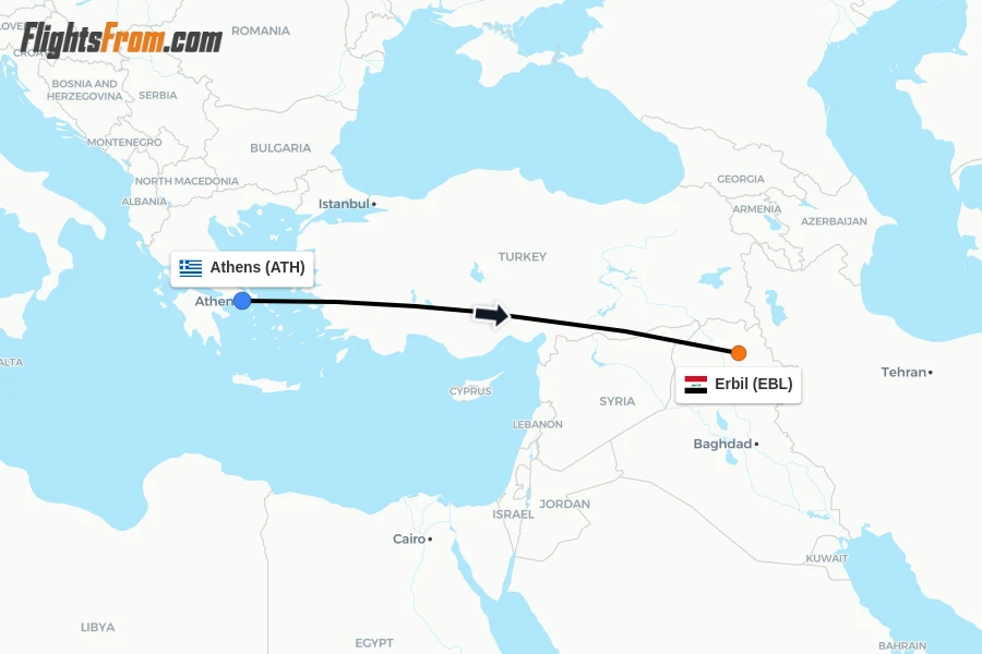 Flights from Athens to Erbil route map