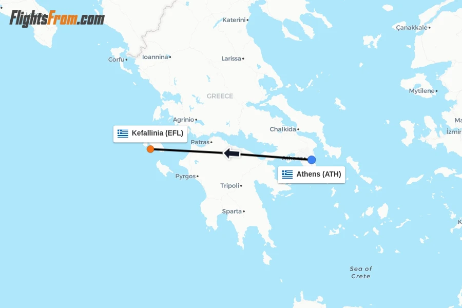 Flights from Athens to Kefallinia route map