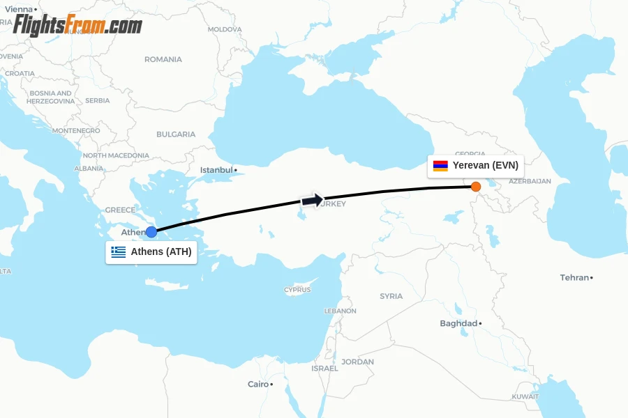 Flights from Athens to Yerevan route map