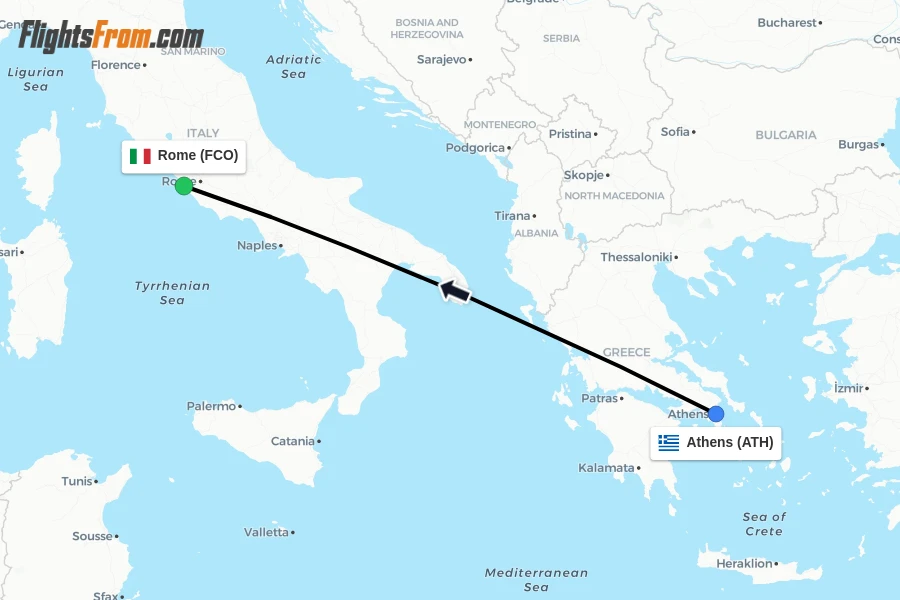 Flights from Athens to Rome route map