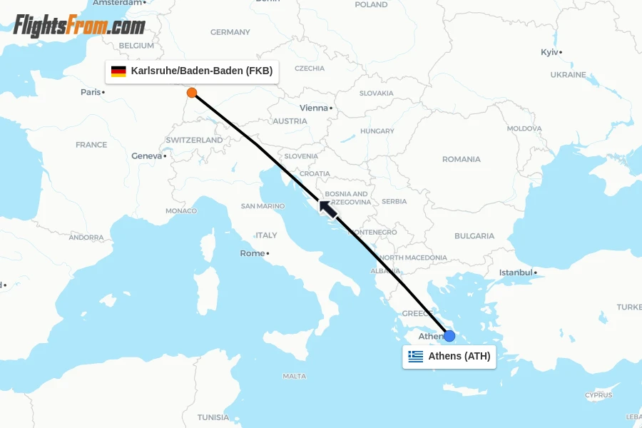 Flights from Athens to Karlsruhe/Baden-Baden route map