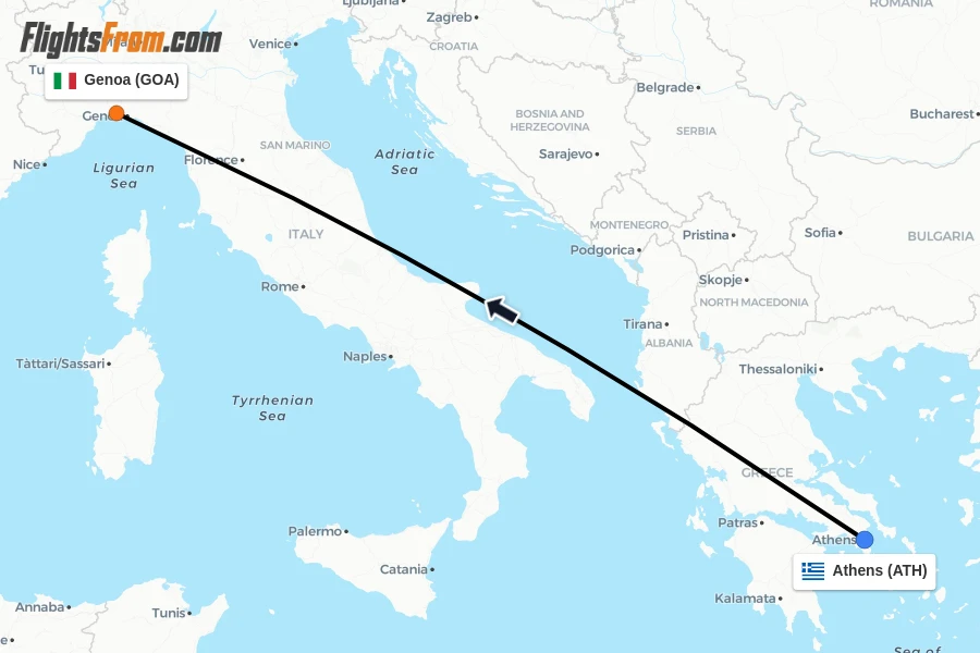 Flights from Athens to Genoa route map