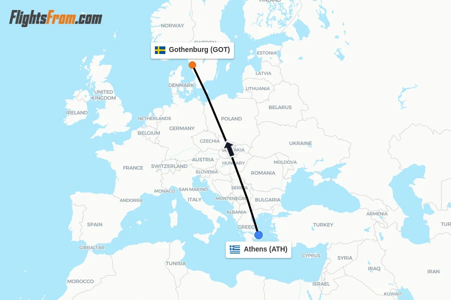 Flights from Athens to Gothenburg route map