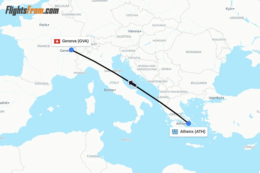 Flights from Athens to Geneva route map
