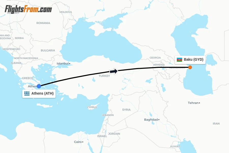 Flights from Athens to Baku route map