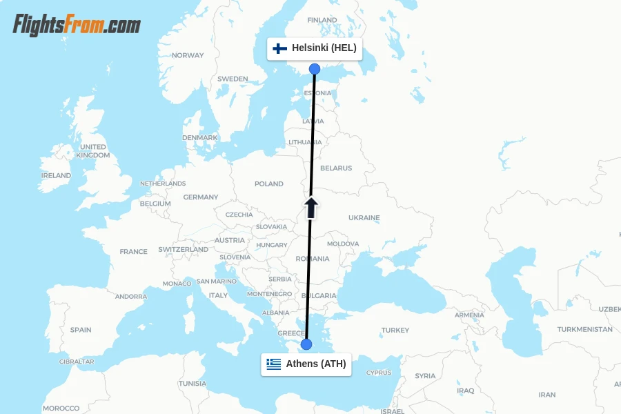 Flights from Athens to Helsinki route map