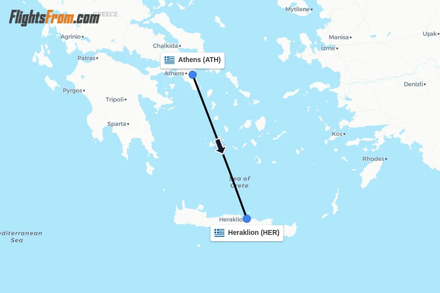 Flights from Athens to Heraklion route map