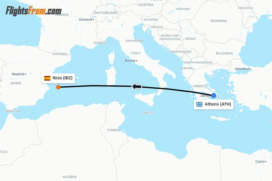 Flights from Athens to Ibiza route map