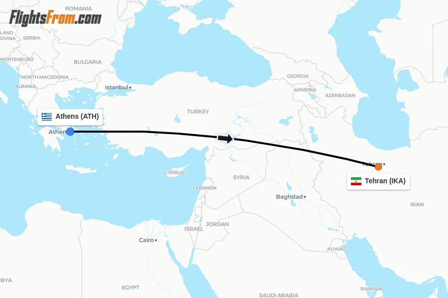 Flights from Athens to Tehran route map