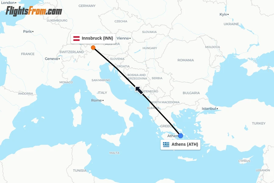 Flights from Athens to Innsbruck route map