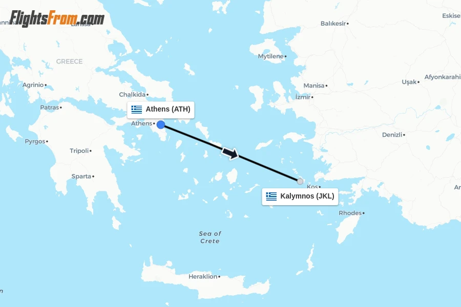Flights from Athens to Kalymnos route map