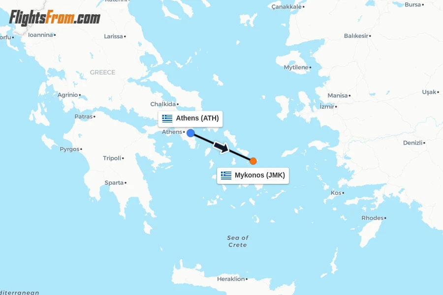 Flights from Athens to Mykonos route map