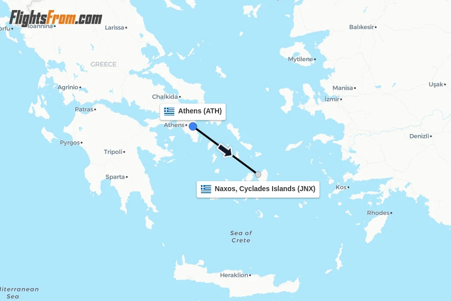 Flights from Athens to Naxos, Cyclades Islands route map