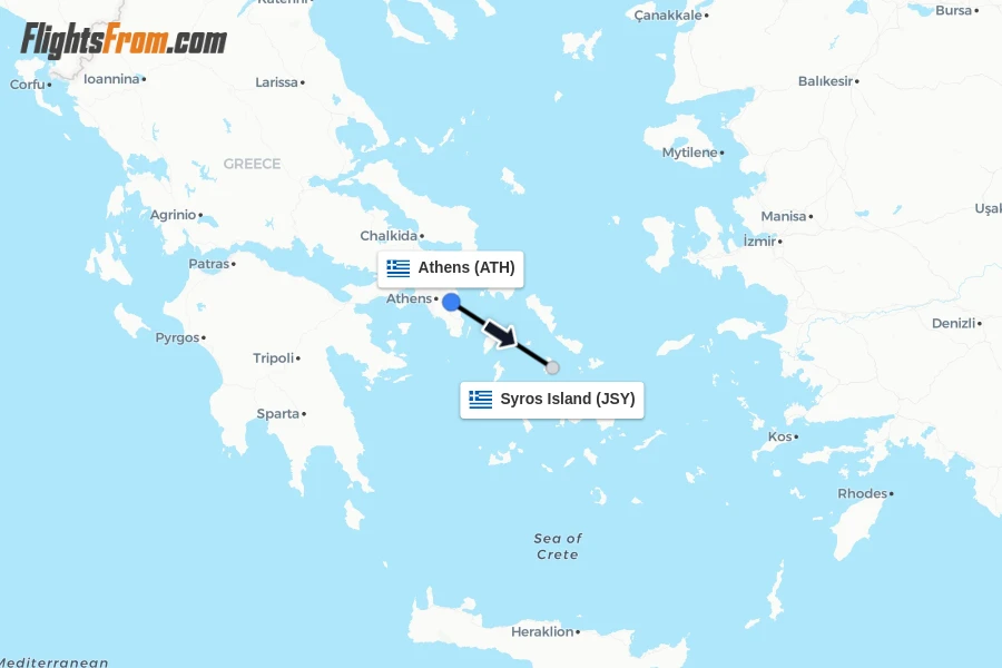 Flights from Athens to Syros Island route map