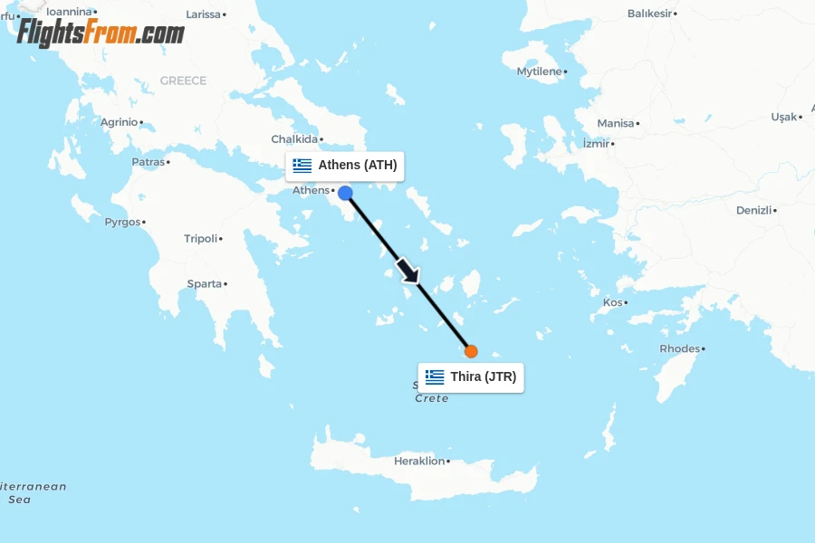 Flights from Athens to Thira route map
